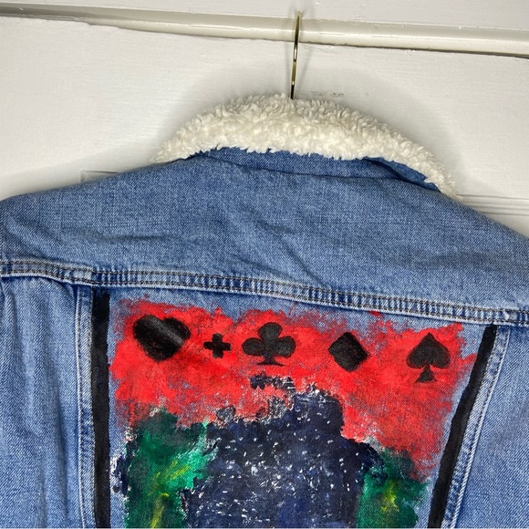 Top Shop Moto Custom Painted Sherpa Denim Jacket Size 0 - Picture 9 of 12